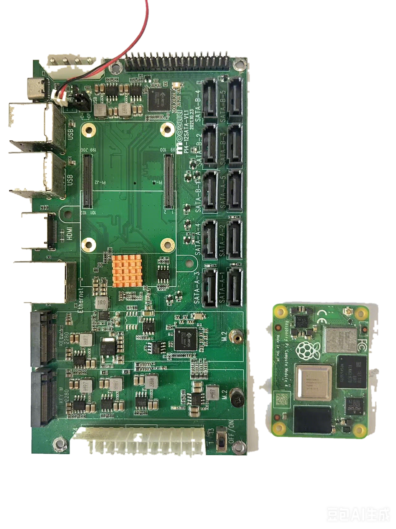 CM4 SATA Vault 12 next to Raspberry Pi CM4