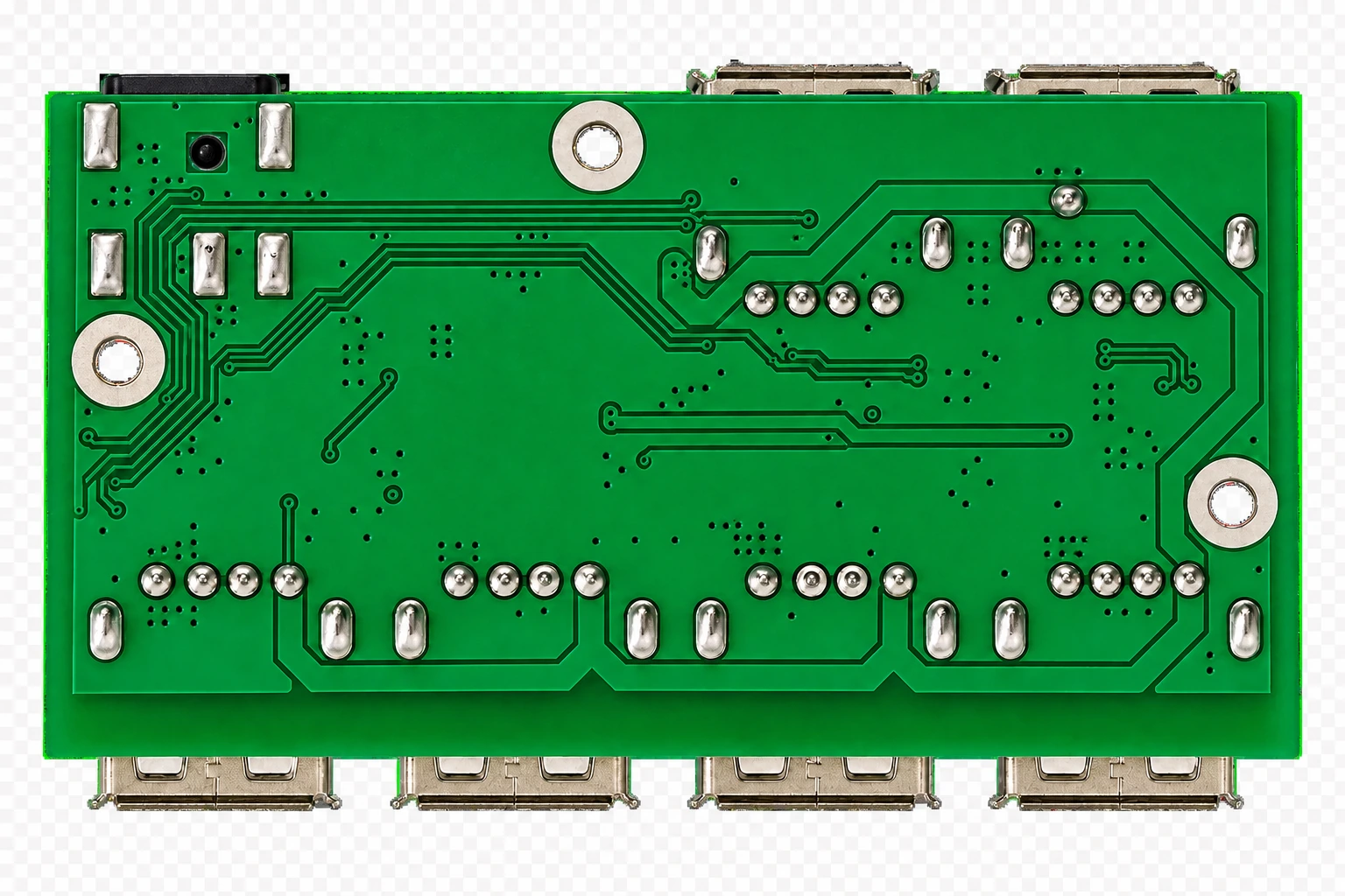 Front and rear views of the assembled USB switch hub
